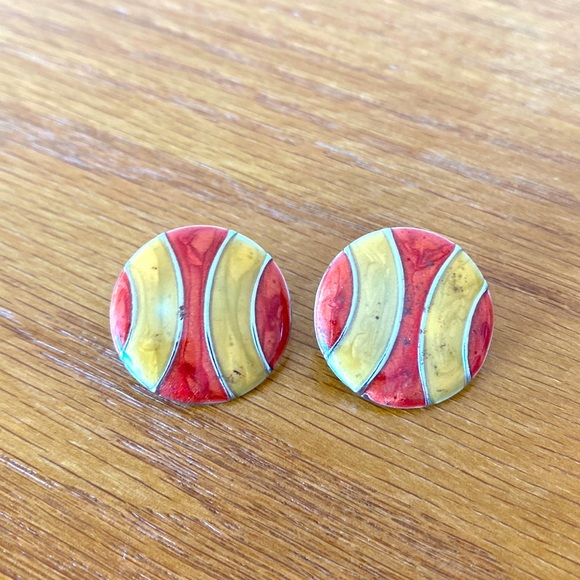 Vintage Circle Red and Gold Large Stud Earrings